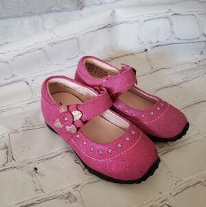 Pediped Hot Pink Glitter Mary Jane Flats Flex Fit Floral Accent Slip On Girls 24